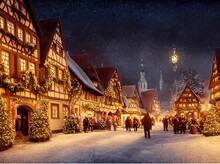 3D Rendered Computer Generated Image Made To Look Like A Digital Oil Painting. Holiday Village During The Winter. Christmas Time In A Small Rural Town