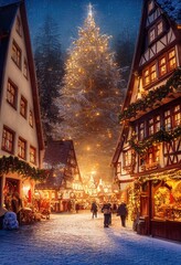 Wall Mural - 3D rendered computer generated image made to look like a digital oil painting. Holiday village during the winter. Christmas time in a small rural town