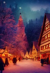 Wall Mural - 3D rendered computer generated image made to look like a digital oil painting. Holiday village during the winter. Christmas time in a small rural town
