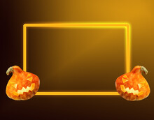 Two Scary Halloween Pumpkins On Gradient Dark Background .Glowing Yellow Frame .Space For Text