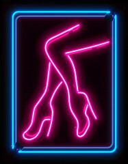 retro neon sign female legs with pink and blue colours isolated over a black background. trendy styl