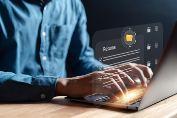 Man unemployment finding job search typing keyboard for resume register online job interview, find your career, man looking at online website.