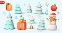 Set Of Christmas Holiday Elements For Design. Christmas Trees Blue White Color, Snowdrift, Gift Box, Snowman, Bauble Ball, Snowflakes. Realistic 3d Object In Cartoon Plastic Style. Vector Illustration