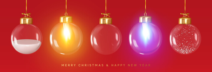 Wall Mural - christmas decorations glass baubles transparent balls inside snow, bright lights of garlands, hang o