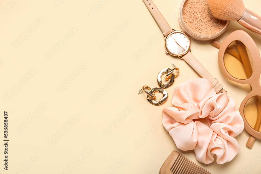 Different stylish female accessories on color background, closeup
