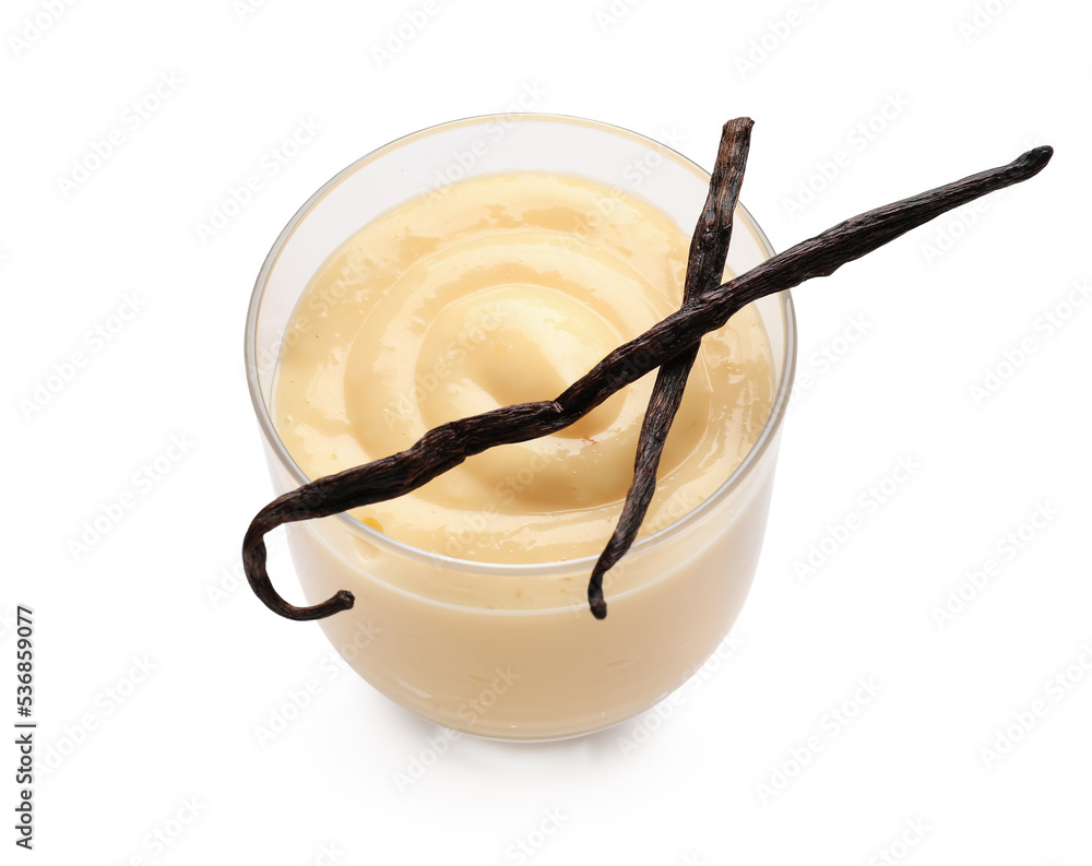 Glass bowl of delicious pudding with vanilla sticks on white background