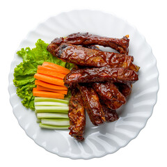 Poster - Barbecue pork ribs on white plate isolated on white background top view