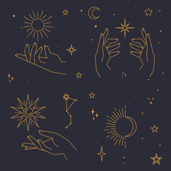 Wall Mural - Mystical and Celestial elements with stars, planets, moons and hands. Palm and zodiac elements. Occult , Esoteric background Vector.