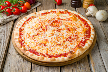 Sticker - Italian pizza Margherita, cheese, tomato sauce, on wooden table close up