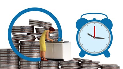 Wall Mural - Miniature woman doing kitchen work with piles of coins. The concept of lack of time according to women's work and housework.
