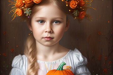 Wall Mural - Surreal beautiful girl in autumn scenery, flower tiara on her head, looking at camera, calm. Pumpkin in scene. Fantasy. AI generated and model released illustration - custom trained AI models.