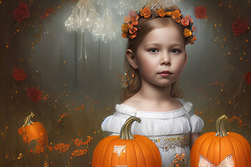 Wall Mural - Surreal beautiful girl in autumn scenery, flower tiara on her head, looking at camera, calm. Pumpkin in scene. Fantasy. AI generated and model released illustration - custom trained AI models.