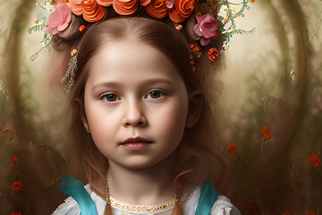 Wall Mural - Surreal beautiful girl in autumn scenery, flower tiara on her head, looking at camera, calm. Fantasy. AI generated and model released illustration - custom trained AI models.