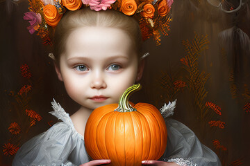 Surreal beautiful girl in autumn scenery, flower tiara on her head, looking at camera, calm. Pumpkin in scene. Fantasy. AI generated and model released illustration - custom trained AI models.