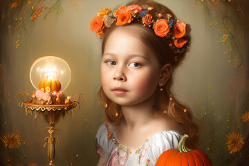 Wall Mural - Surreal beautiful girl in autumn scenery, flower tiara on her head, looking at camera, calm. Pumpkin in scene. Fantasy. AI generated and model released illustration - custom trained AI models.