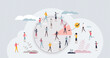 Audiences as part of crowd group with specific focus tiny person concept. Customer target management for effective marketing campaign vector illustration. Mass analysis for social community research.