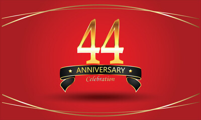 44th Anniversary Celebration with red background. 44 Year Golden anniversary banner. red anniversary celebration. Golden anniversary with ribbon