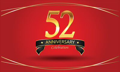 52nd Anniversary Celebration with red background. 52 Year Golden anniversary banner. red anniversary celebration. Golden anniversary with ribbon