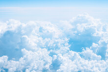 Beautiful Soft Blue Cumulus Clouds. Background With Copy Space. Aerial View.