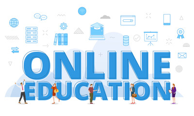 Wall Mural - online education concept with big words and people surrounded by related icon spreading with modern 