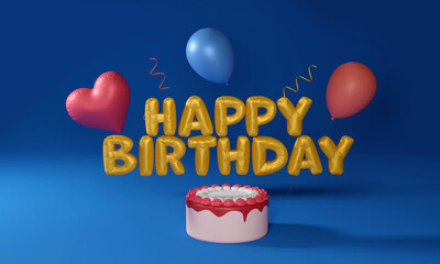 Wall Mural - Golden Foil Happy Birthday Font With Realistic Delicious Cake And Balloons On Blue Background.