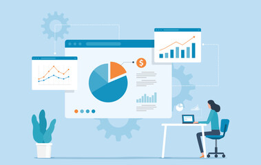 Wall Mural - Flat business people working analytics data report and monitoring finance  investment graph for  Business marketing planning with technology smart working online concept
