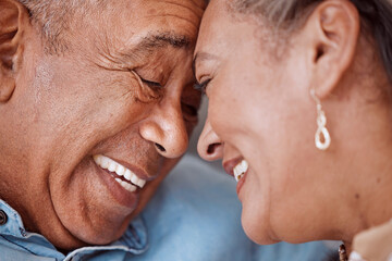 Poster - Love, couple and face of senior man and woman embracing and laughing, relax and bonding in their living room. Rest, happiness and retirement by caring soulmate share sweet moment, enjoy relationship