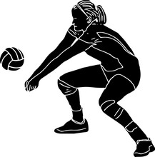 Female Volleyball Player Silhouette, Woman Volleyball Player Outline Sketch Drawing, Vector Illustration Of Volleyball Player