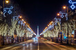 Budapest, Hungary - Christmas lights on Andrassy street with Heroes' Square at background on Christmas Eve