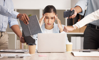 Stress, anxiety and multitasking business woman with headache from workload and laptop deadline in office. Burnout, frustration and overwhelmed lady exhausted, procrastination in toxic workplace