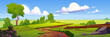 © klyaksun - Cartoon nature landscape, rural dirt road going along green field with grass, bushes and green trees under blue sky with fluffy clouds, scenery background for game, summer day Vector illustration