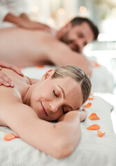 Sticker - Wellness, beauty and couple massage at spa for health and relax in zen resort, peaceful and happy. Salon, luxury and man and woman enjoy treatment by massage therapist on their vacation in Thailand