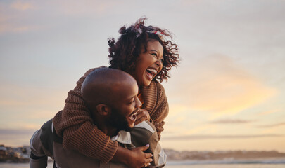 black couple, travel and beach fun while laughing on sunset nature adventure and summer vacation or 