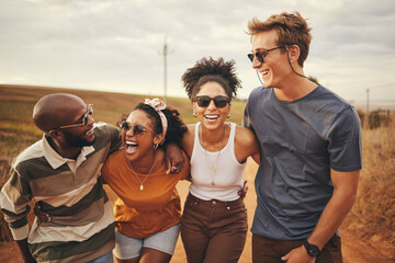 Wall Mural - Diversity, friends and on countryside holiday smile, relax and happy together on dirt road trip. Group excited, on adventure and travelling to celebrate summer vacation, have casual talk and laugh.