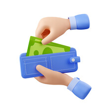 Human Hand Take Out Paper Money Cash From Wallet. Concept Of Income, Exchange, Payment, Economy With Hand Holding Purse With Paper Dollar Bills, 3d Render Illustration