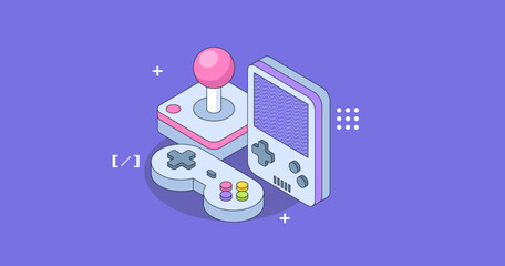 Wall Mural - gaming development for mobile app. isometric design concept with game console.