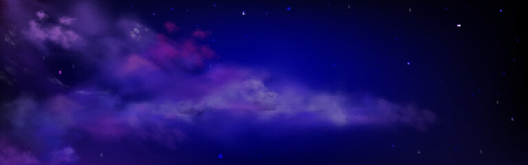 Wall Mural - dark blue sky with stars and fluffy clouds at night. starry panorama of sky at midnight. purple clou