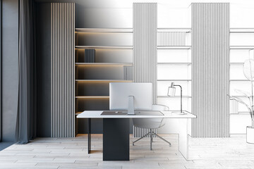 Sketch of modern concrete and wooden stylish designer office interior with furniture, computer monitor, bookcase shelves. Design, repairs and sketching concept. 3D Rendering.