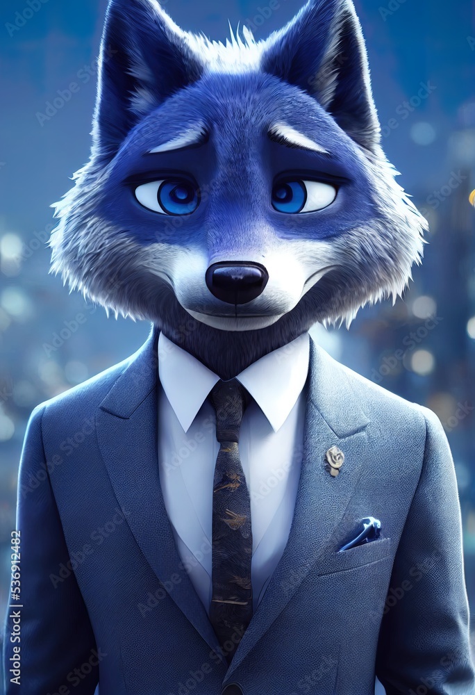 Wolf, forest animal dressed in suit. Wild Animal businessman. Cartoon big eyed close up portrait. Soft cinematic lighting, animation style character, anime style, 3d illustration.