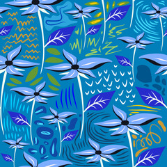 Poster - Bloom flowers seamless pattern on blue background.