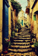© SvetlanaSF - Enchanting old quarter of beautiful old European town with stone houses along narrow steps in a tranquil corner, artistic illustration