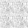 © lesyau_art - Cute seamless pattern with breakfast food - fried eggs, bacon, toast, coffee, avocado, pancakes, fruits. Vector hand-drawn illustration in doodle style. Perfect for print, wrapping paper, wallpaper.