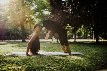 Yoga Instructor Practicing Bridge Pose In Park