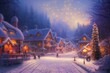 A 3D rendering of a snowy winter village made to look like a digital oil painting. Blizzard snow on a small village for an idyllic winter scene