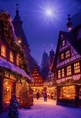 Wall Mural - 3D rendered computer generated image made to look like a digital oil painting. Holiday village during the winter. Christmas time in a small rural town