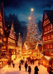 Wall Mural - 3D rendered computer generated image made to look like a digital oil painting. Holiday village during the winter. Christmas time in a small rural town