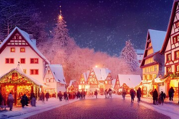 Wall Mural - 3D rendered computer generated image made to look like a digital oil painting. Holiday village during the winter. Christmas time in a small rural town