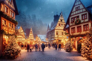 Wall Mural - 3D rendered computer generated image made to look like a digital oil painting. Holiday village during the winter. Christmas time in a small rural town