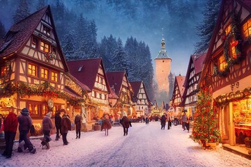 Wall Mural - 3D rendered computer generated image made to look like a digital oil painting. Holiday village during the winter. Christmas time in a small rural town