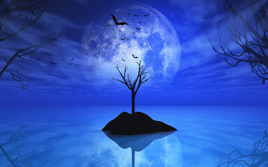 Wall Mural - 3d halloween landscape with dead tree against moonlit sky